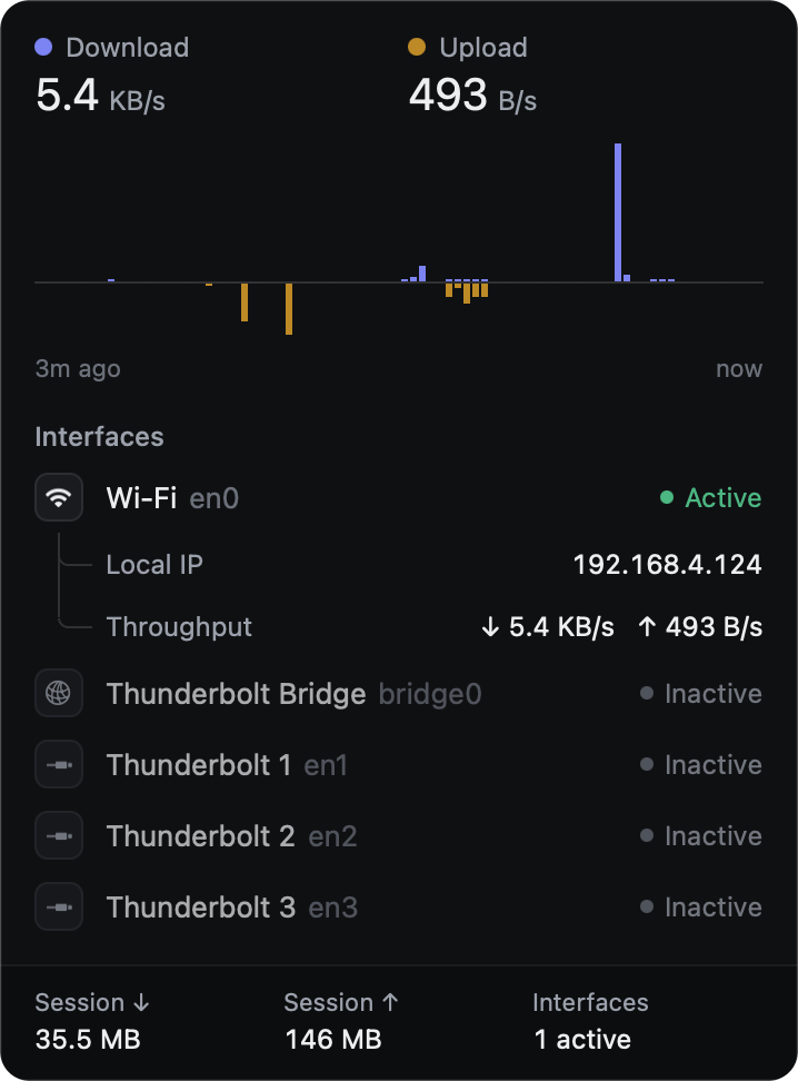 Network detail: upload and download history mirrored around a baseline, current rates, interface and session totals