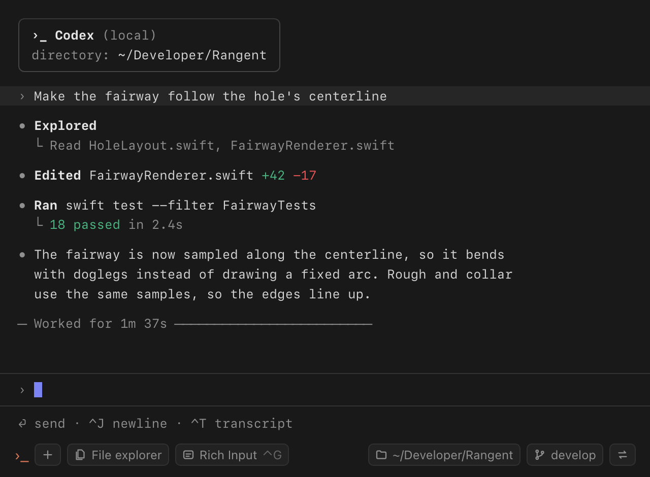 Shipwright running a Codex agent session